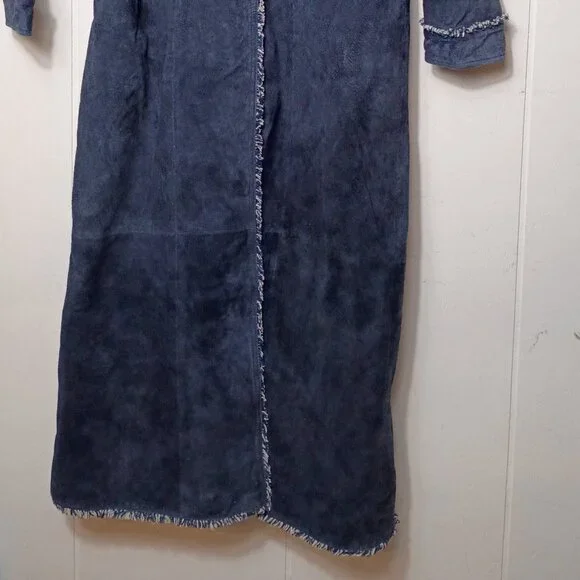 VTG Wilsons Leather Maxima Navy Blue Fringe Trench Coat Womens Medium Y2K 90s - Picture 2 of 7